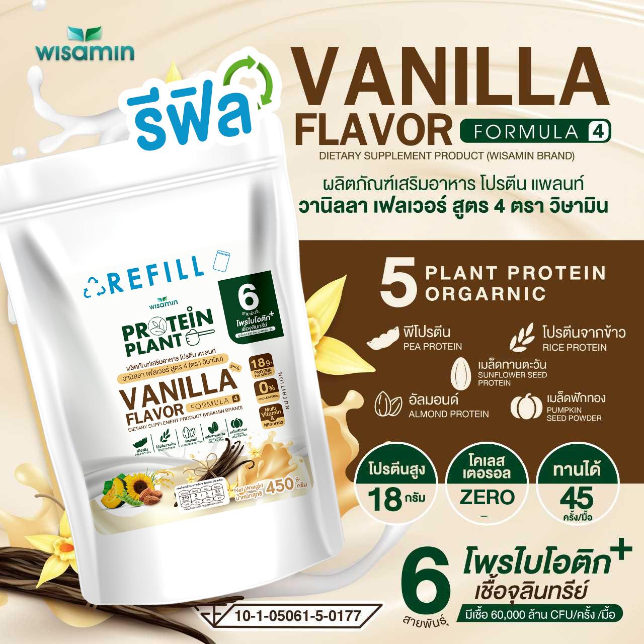 WISAMIN Protein Plant โปรตีนพืช สูตร 4 (ตราวิษามิน) ชนิดถุงรีฟิล 450 กรัม