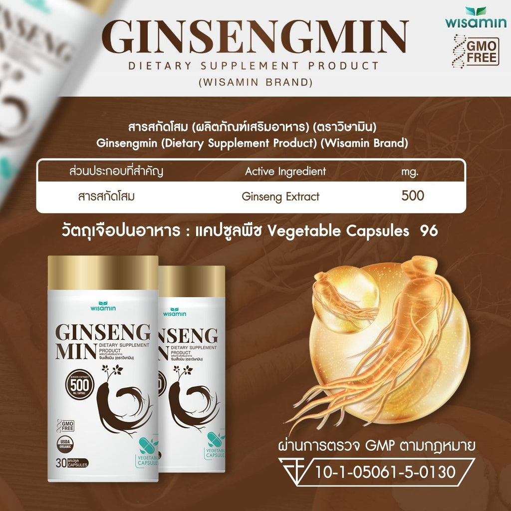 WISAMIN Ginseng min จินเส็งมิน สารสกัดโสม Ginsen Extract 500 mg (ตราวิษามิน) จำนวน 1 กระปุก 30 แคปซูล