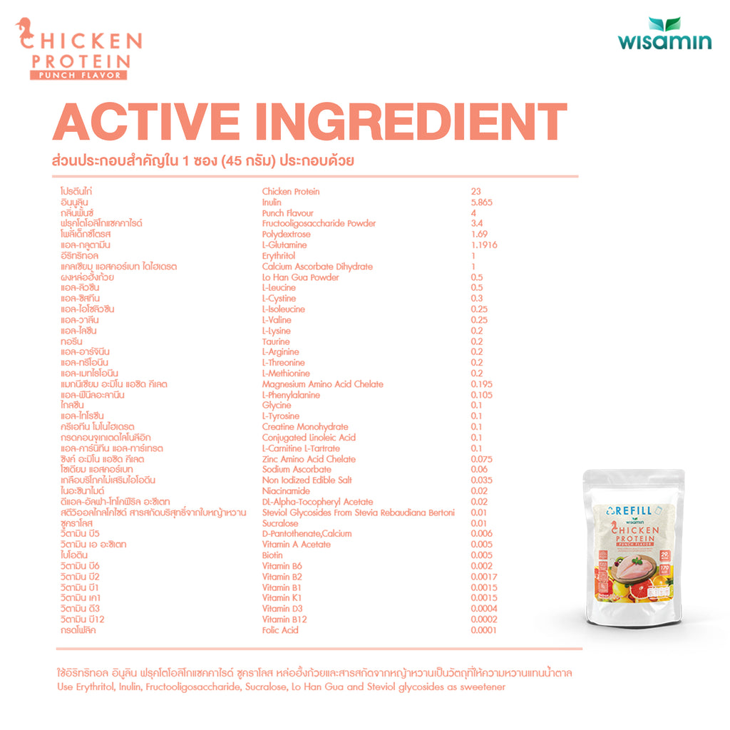 (รีฟิล) WISAMIN Chicken Protein โปรตีนไก่ไฮโดรไลซ์ 4 รสชาติ (ตราวิษามิน) 900 กรัม