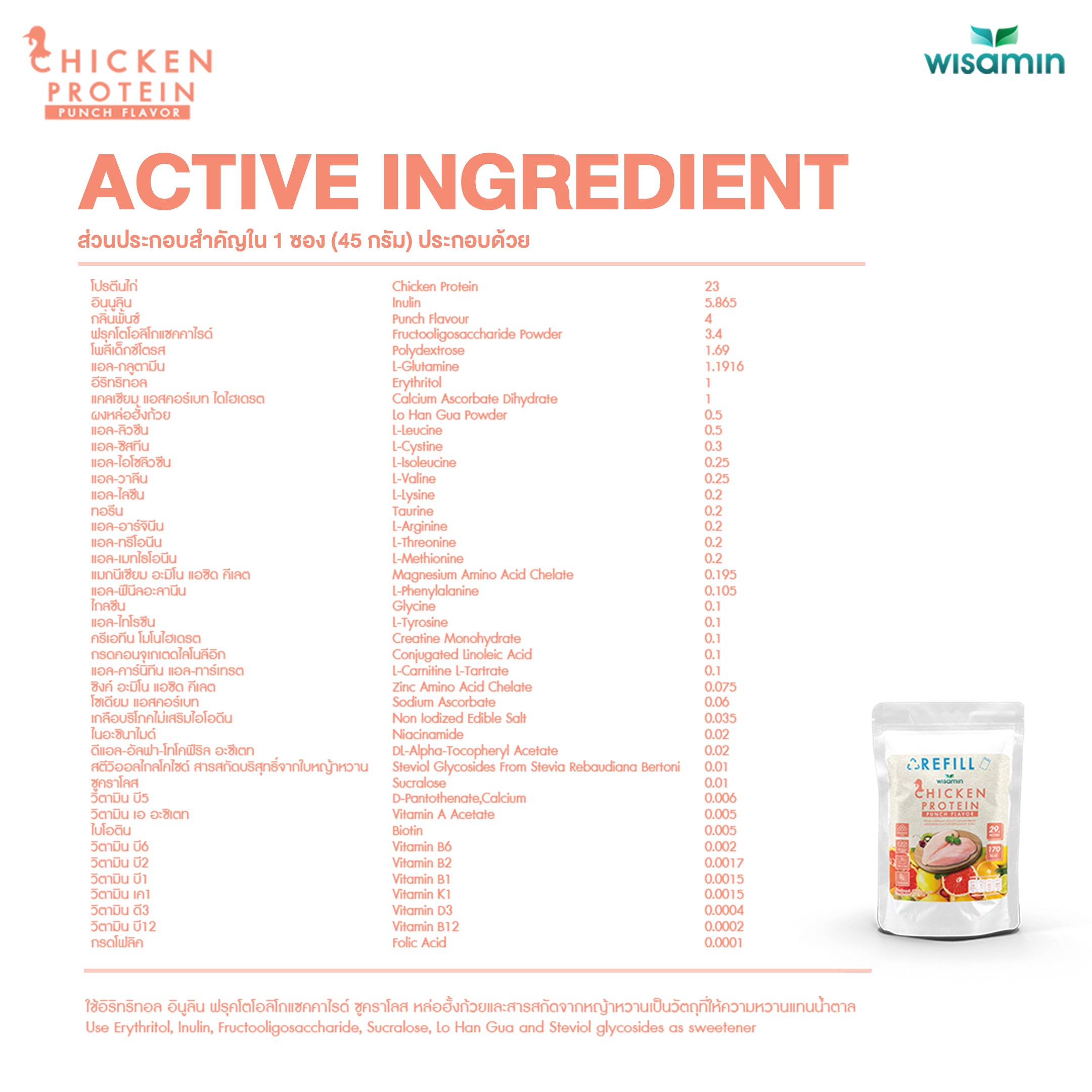 (รีฟิล) WISAMIN Chicken Protein โปรตีนไก่ไฮโดรไลซ์ 4 รสชาติ (ตราวิษามิน) 900 กรัม