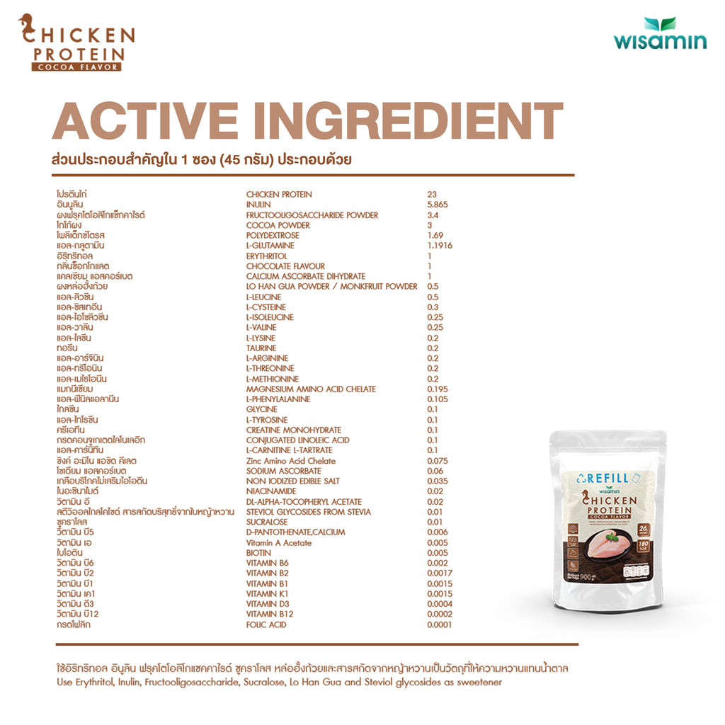 (รีฟิล) WISAMIN Chicken Protein โปรตีนไก่ไฮโดรไลซ์ 4 รสชาติ (ตราวิษามิน) 900 กรัม