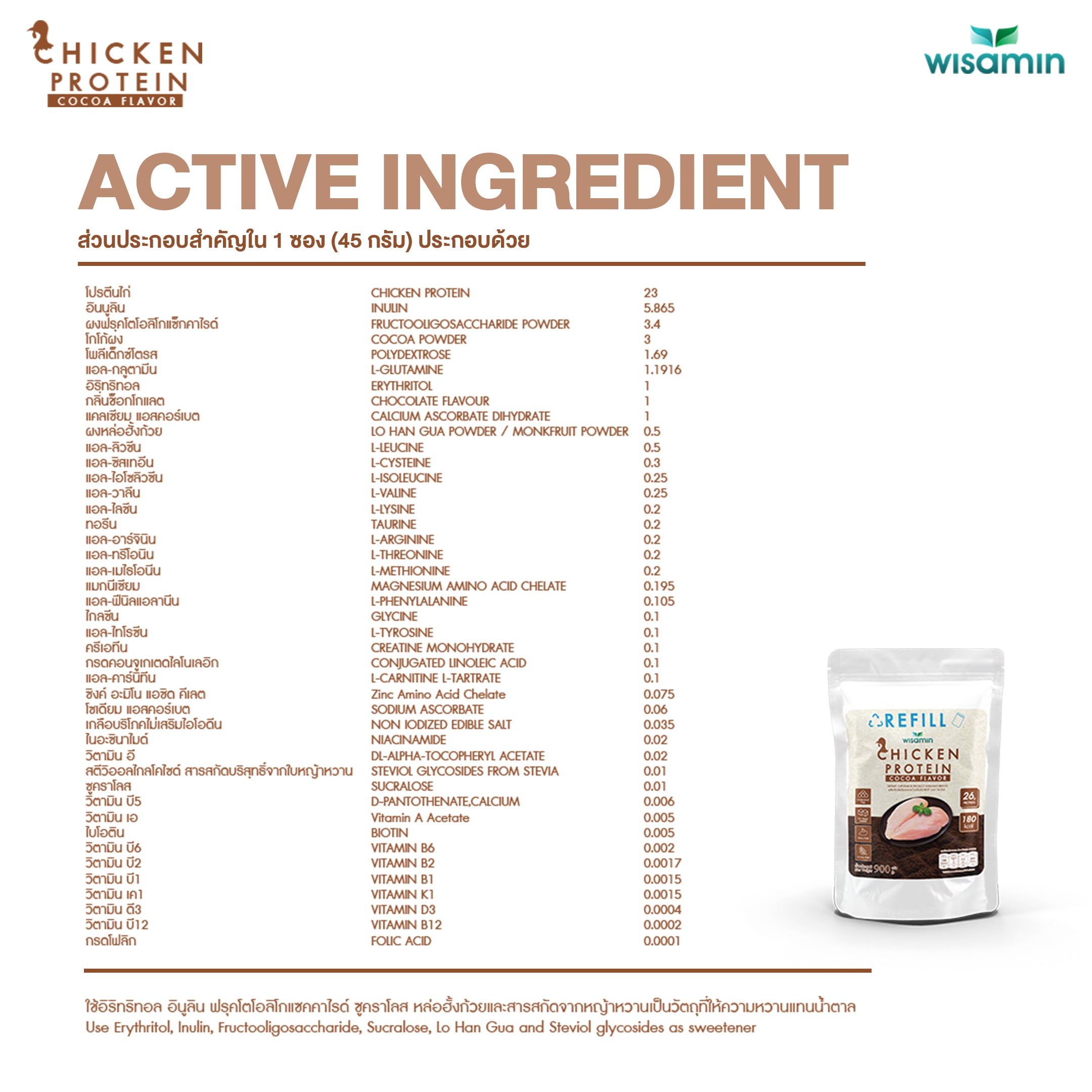 (รีฟิล) WISAMIN Chicken Protein โปรตีนไก่ไฮโดรไลซ์ 4 รสชาติ (ตราวิษามิน) 900 กรัม