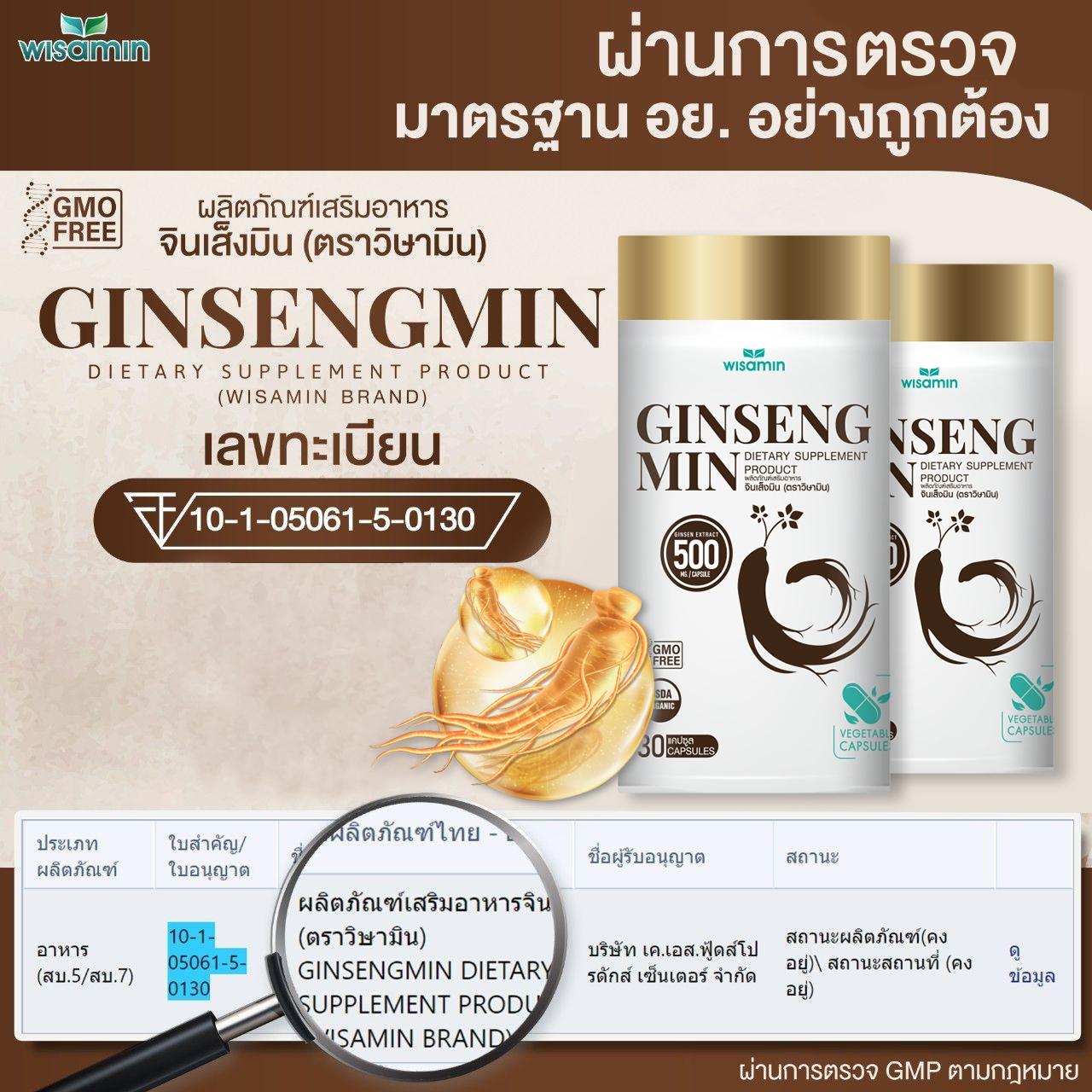 WISAMIN Ginseng min จินเส็งมิน สารสกัดโสม Ginsen Extract 500 mg (ตราวิษามิน) จำนวน 1 กระปุก 30 แคปซูล