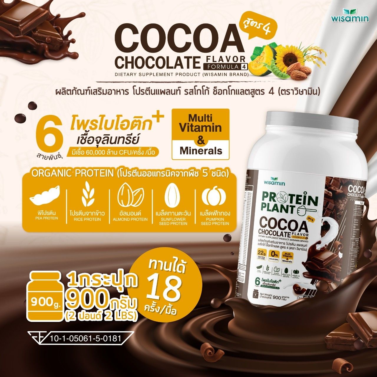 WISAMIN Protein Plant โปรตีนพืช สูตร 4 (ตราวิษามิน) 900 กรัม