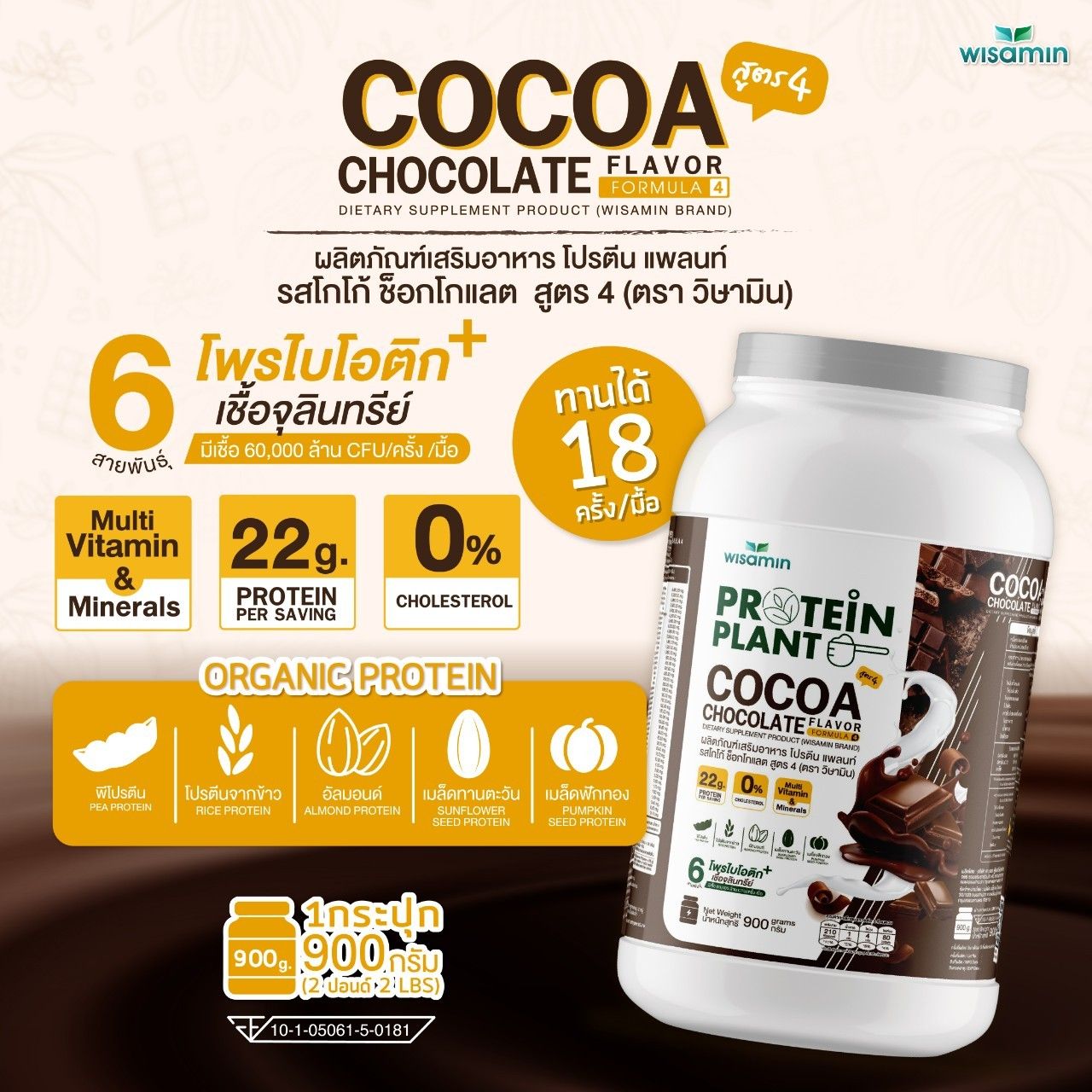 WISAMIN Protein Plant โปรตีนพืช สูตร 4 (ตราวิษามิน) 900 กรัม