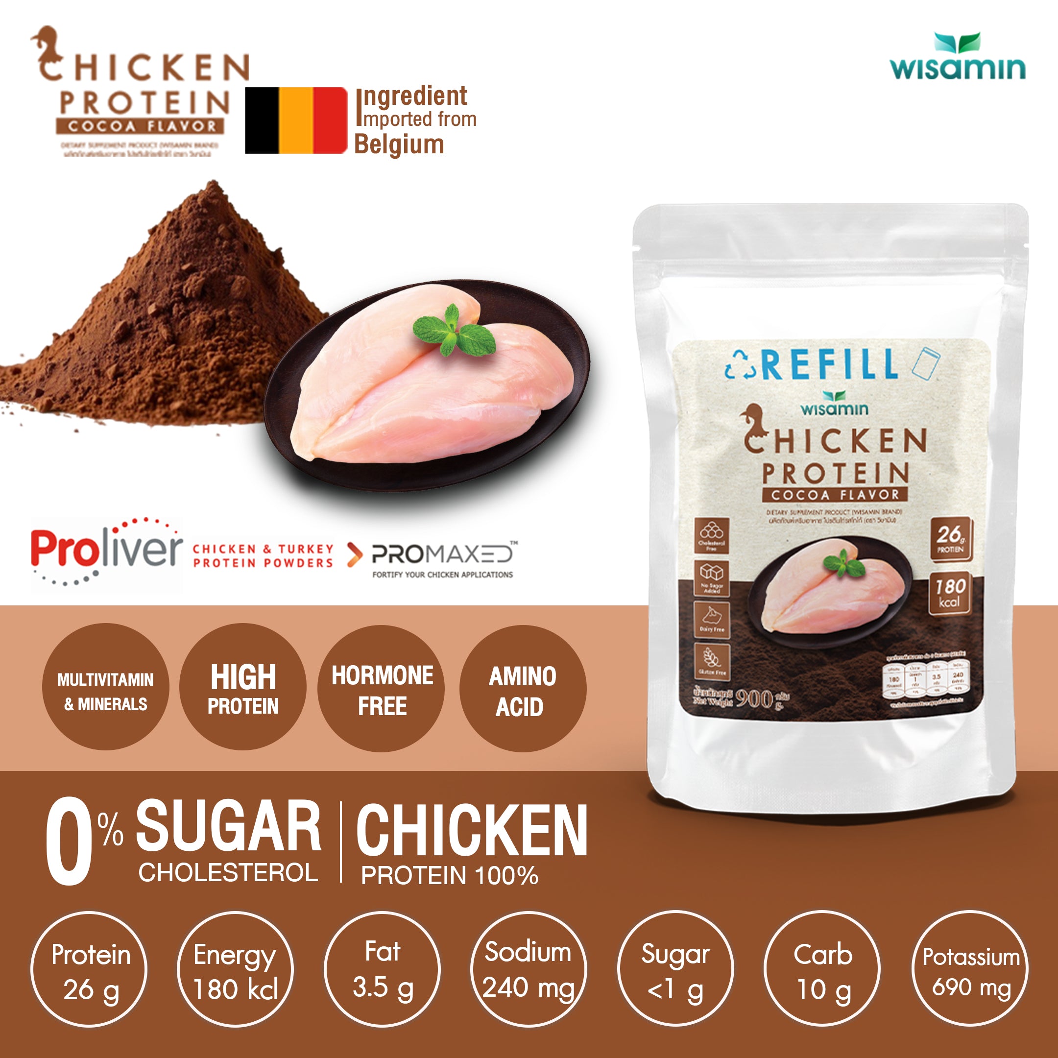 (รีฟิล) WISAMIN Chicken Protein โปรตีนไก่ไฮโดรไลซ์ 4 รสชาติ (ตราวิษามิน) 900 กรัม