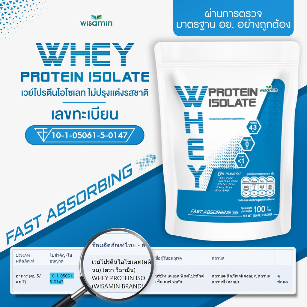 WISAMIN Whey Protein Isolate Pure เวย์โปรตีน ไอโซเลท เพียว 100% (ตราวิษามิน) 100 กรัม