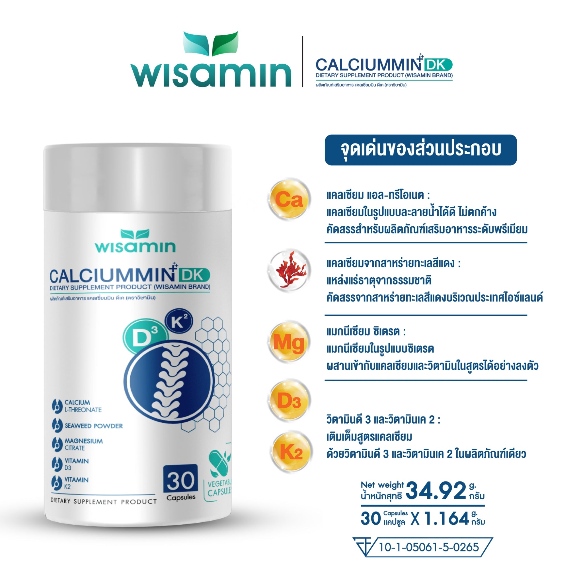 (แพคคู่ 2 กระปุก) WISAMIN Calcium Min DK แคลเซียมมิน ดีเค 1,164 mg (ตราวิษามิน) รวม 60 แคปซูล