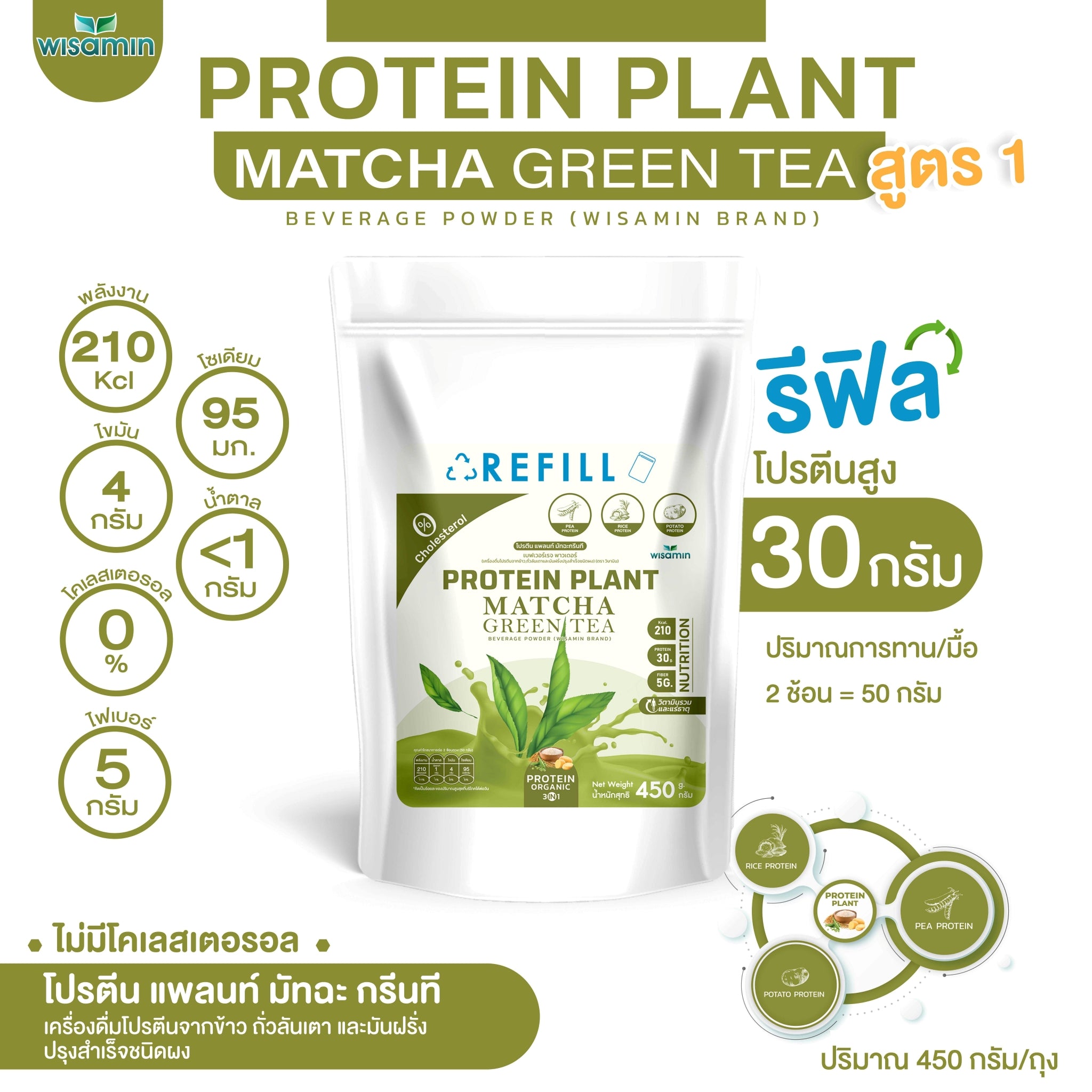WISAMIN Protein Plant โปรตีนพืช สูตร 1 (ตราวิษามิน) ชนิดถุงรีฟิล 450 กรัม