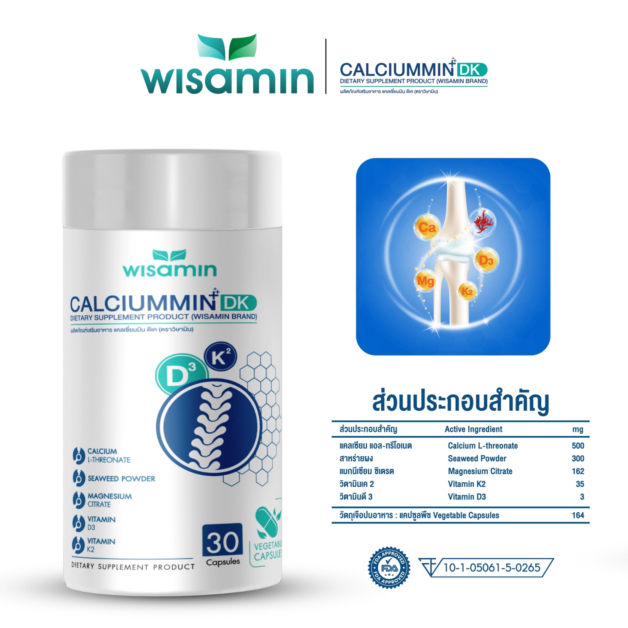 (แพคคู่ 2 กระปุก) WISAMIN Calcium Min DK แคลเซียมมิน ดีเค 1,164 mg (ตราวิษามิน) รวม 60 แคปซูล