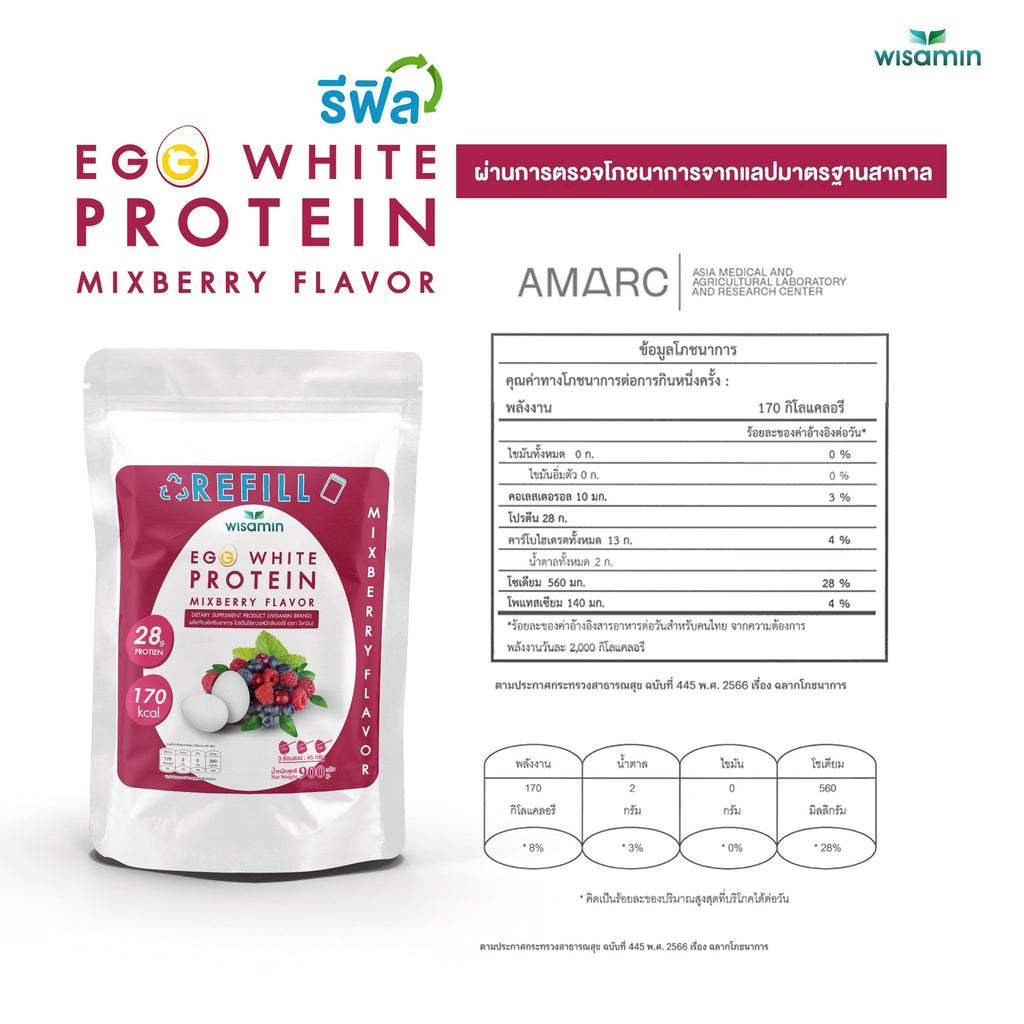 (รีฟิล) WISAMIN Egg White Protein ผงโปรตีนไข่ขาว 3 รสชาติ (ตราวิษามิน) 900 กรัม
