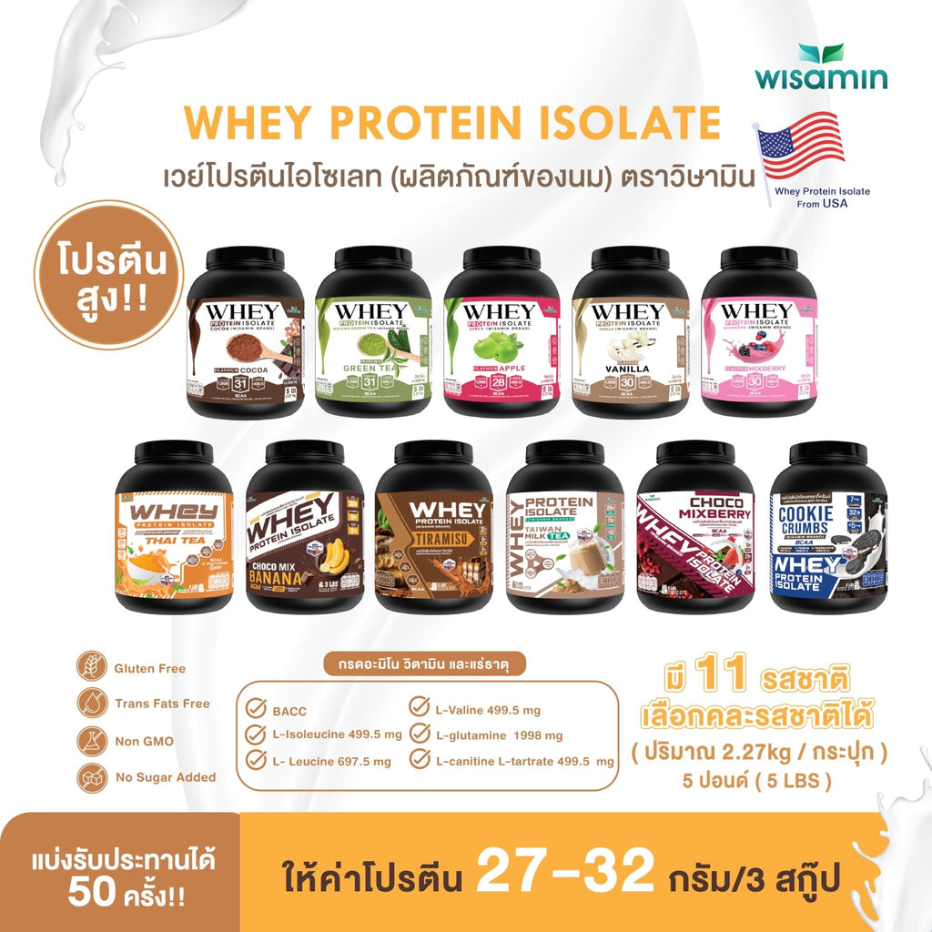 WISAMIN Whey Protein Isolate เวย์โปรตีน ไอโซเลท 11 รสชาติ (ตราวิษามิน) 2.27kg (5lbs)