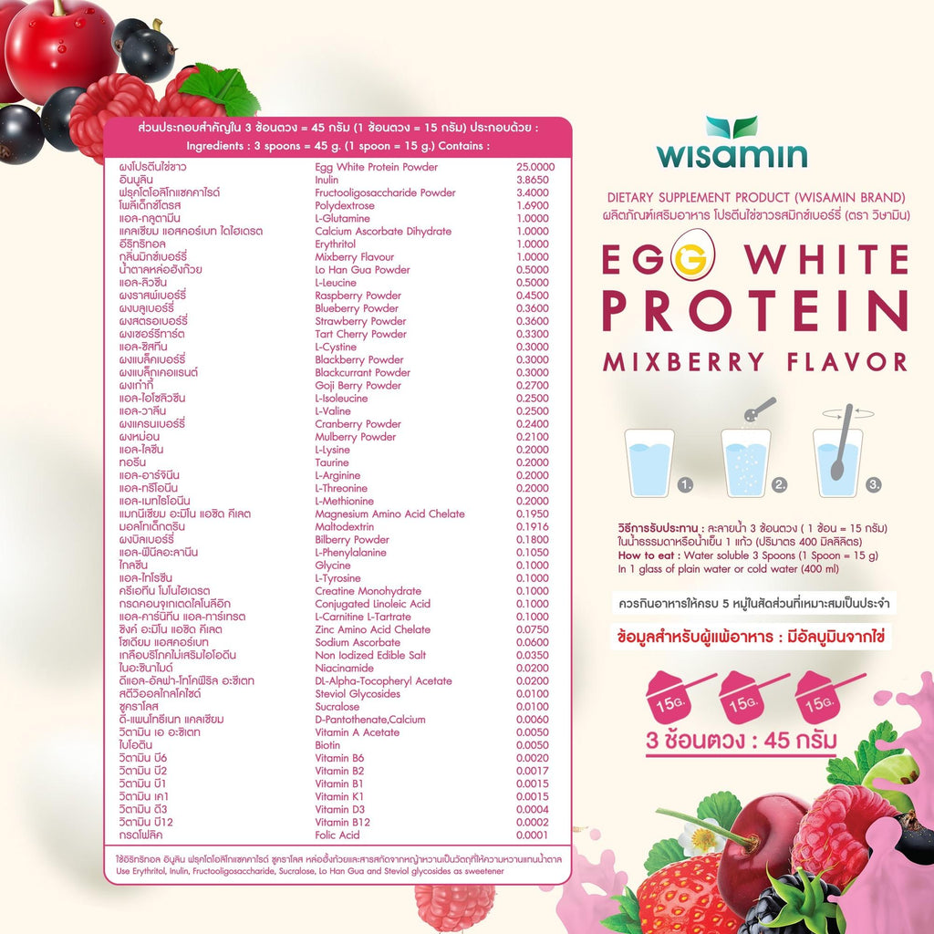 (แพคคู่ 2 กระปุก) WISAMIN Egg White Protein ผงโปรตีนไข่ขาว รสมิกซ์เบอร์รี่ (ตราวิษามิน) รวม 630 กรัม