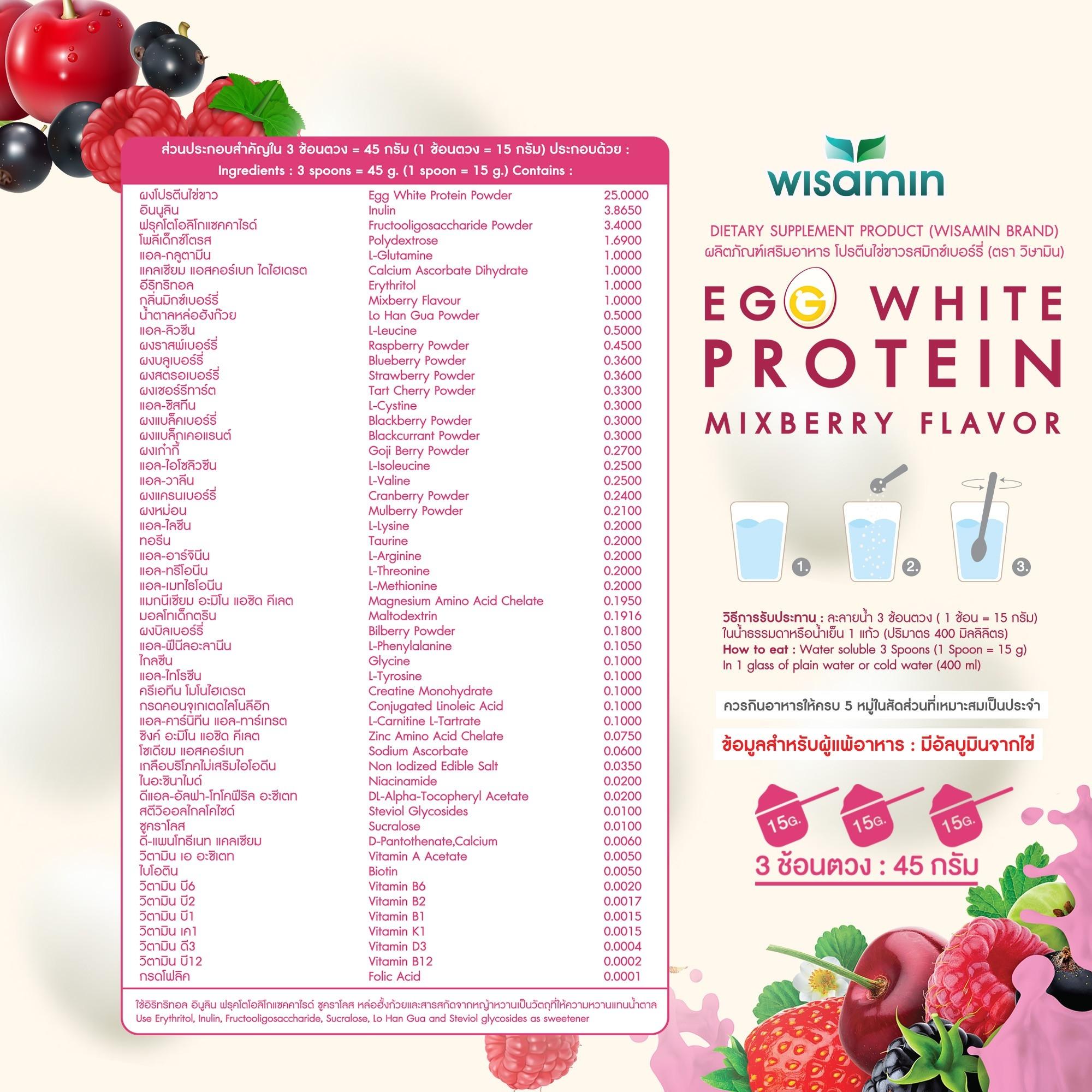 (แพคคู่ 2 กระปุก) WISAMIN Egg White Protein ผงโปรตีนไข่ขาว รสมิกซ์เบอร์รี่ (ตราวิษามิน) รวม 630 กรัม