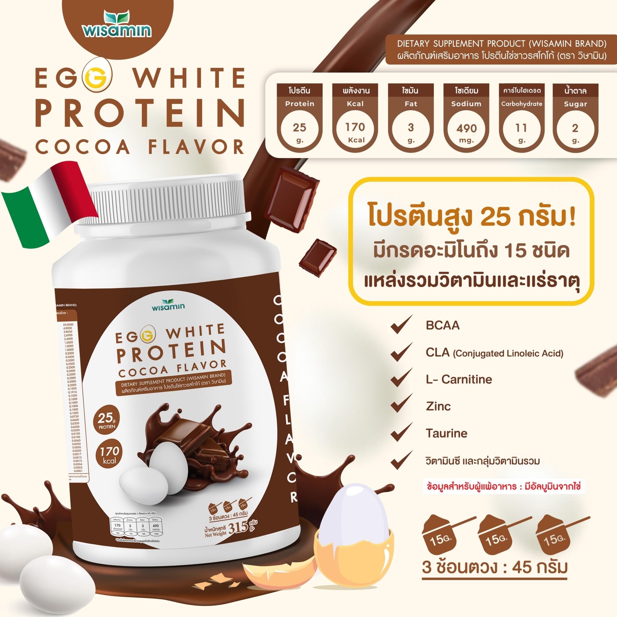 (แพคคู่ 2 กระปุก) WISAMIN Egg White Protein ผงโปรตีนไข่ขาว รสโกโก้ (ตราวิษามิน) รวม 630 กรัม