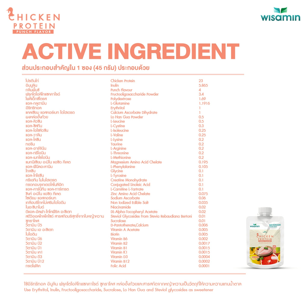WISAMIN Chicken Protein โปรตีนไก่ไฮโดรไลซ์ 4 รสชาติ (ตราวิษามิน) ชนิดซอง 45 กรัม