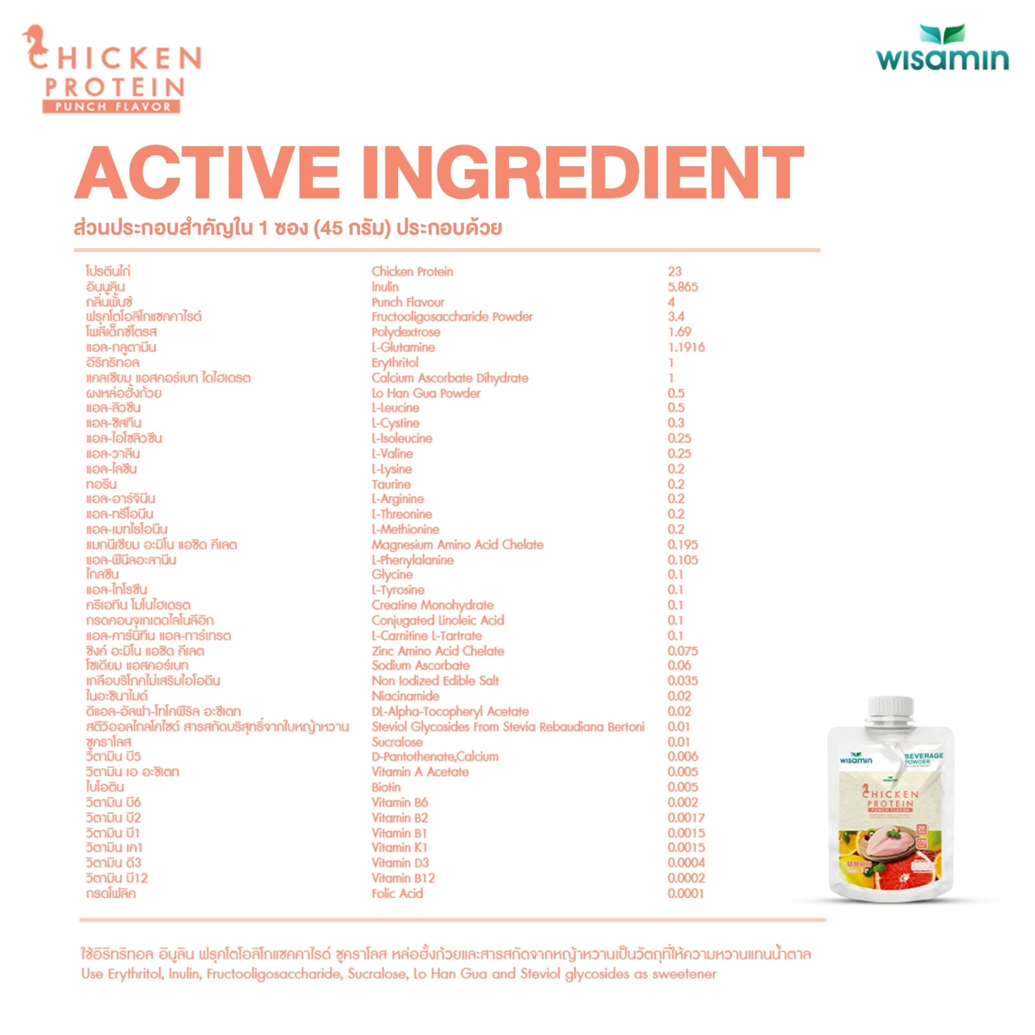 WISAMIN Chicken Protein โปรตีนไก่ไฮโดรไลซ์ 4 รสชาติ (ตราวิษามิน) ชนิดซอง 45 กรัม