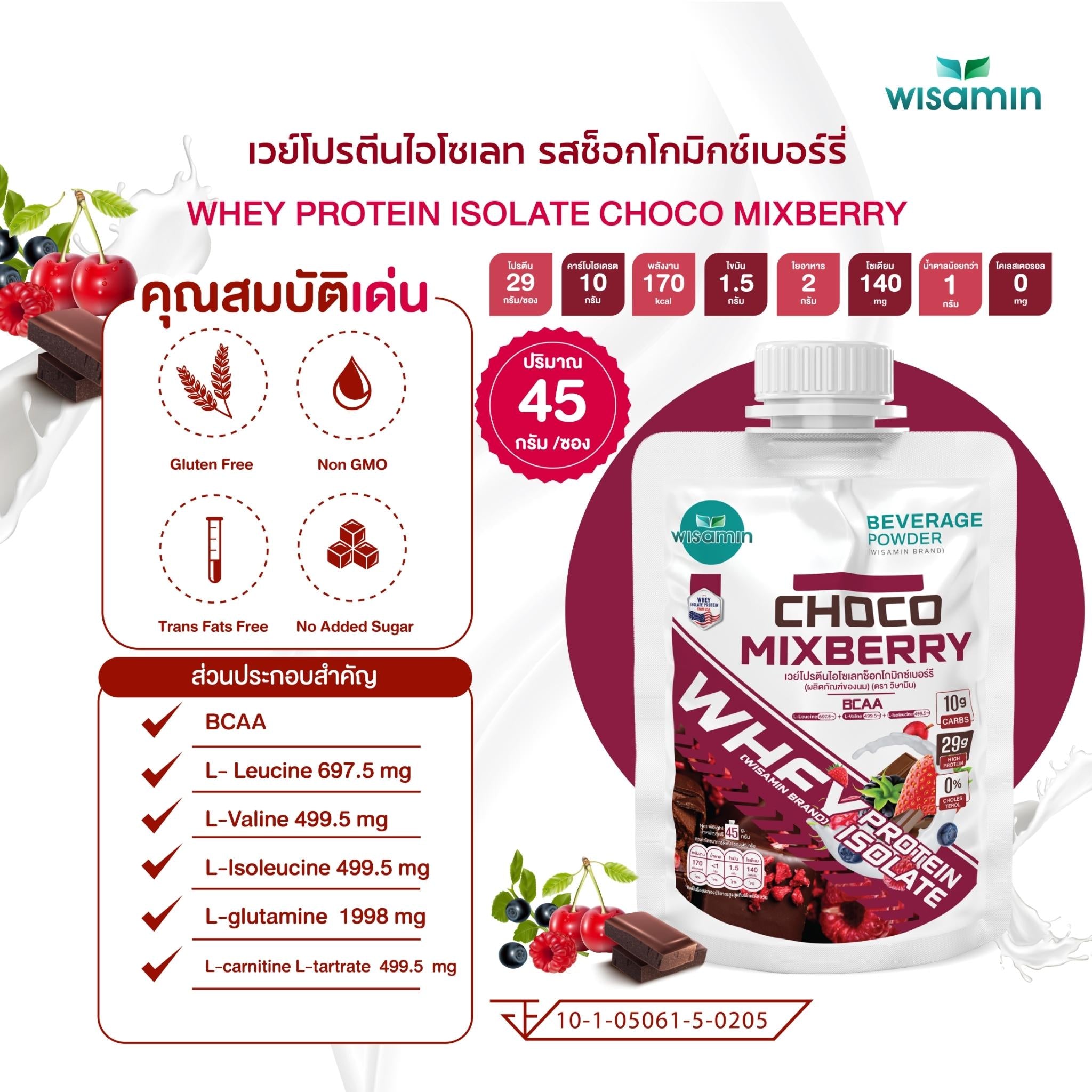 WISAMIN Whey Protein Isolate เวย์โปรตีน ไอโซเลท ชนิดซอง 11 รสชาติ (ตราวิษามิน) 45 กรัม