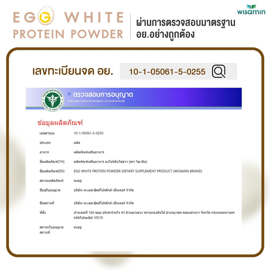 WISAMIN Egg White Protein Powder ผงโปรตีนไข่ขาว 100% (ตราวิษามิน) 300 กรัม