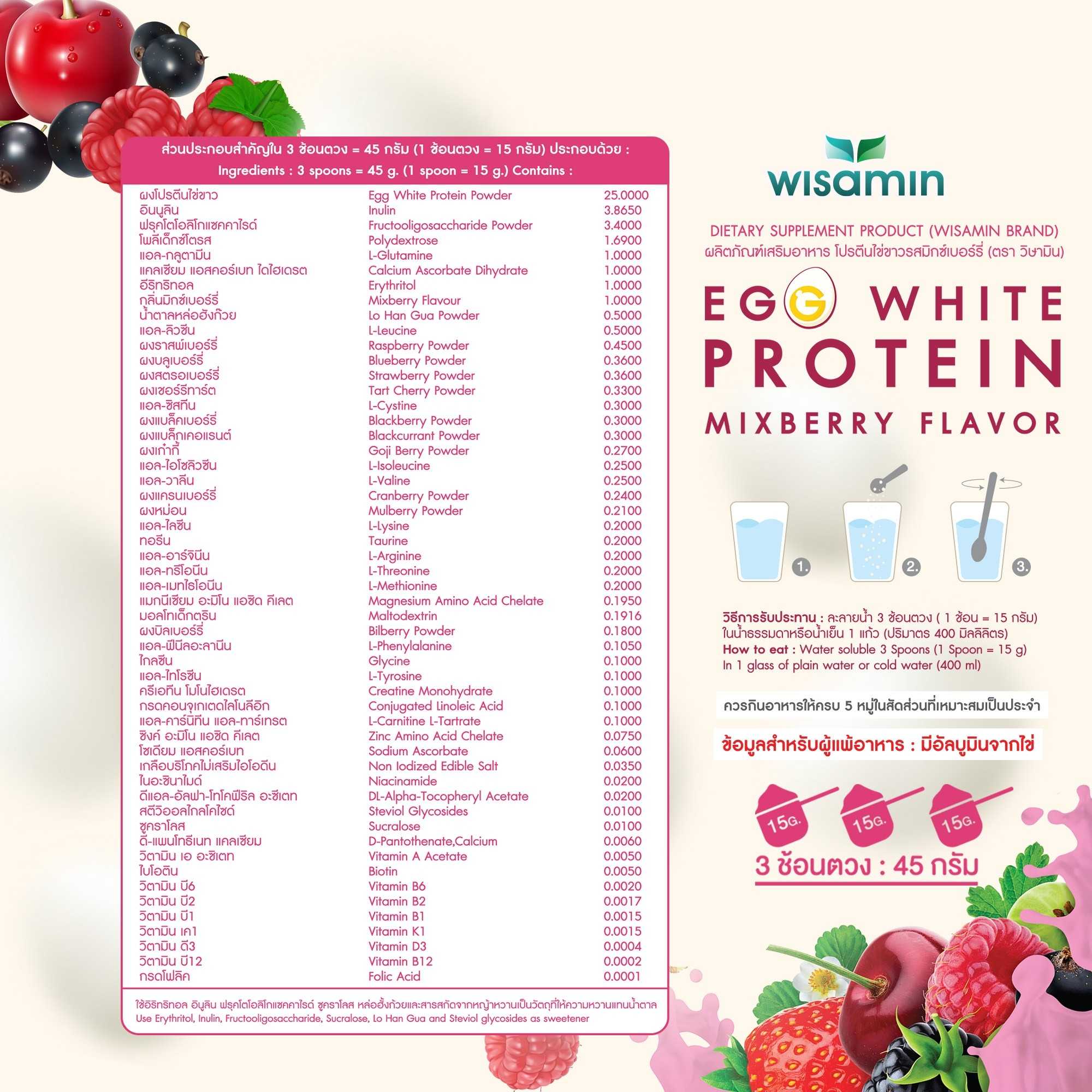 WISAMIN Egg White Protein ผงโปรตีนไข่ขาว 3 รสชาติ (ตราวิษามิน) 315 กรัม