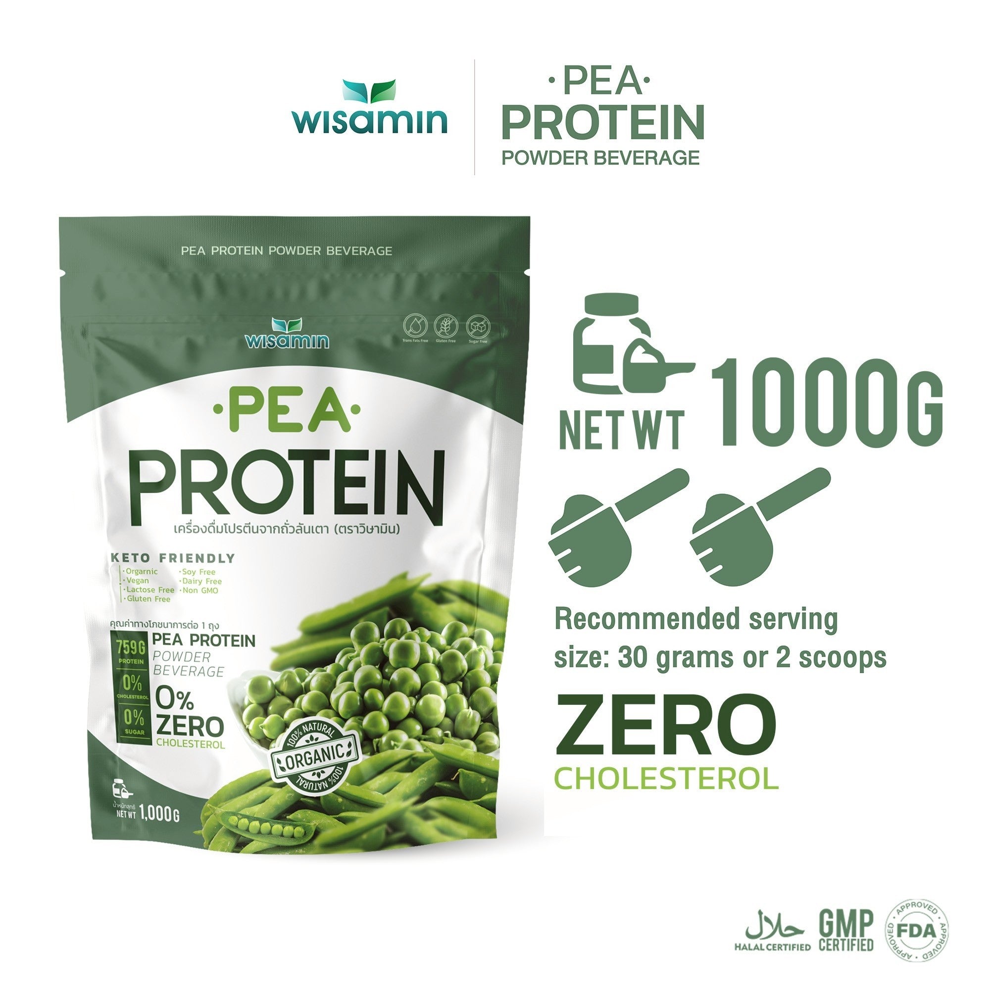 WISAMIN Pea Protein Isolate พีโปรตีนไอโซเลท (ตราวิษามิน) ปริมาณ 1kg (1,000g)