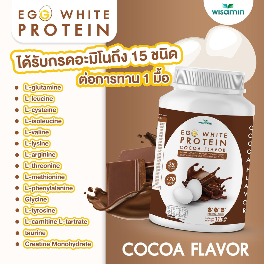 (แพคคู่ 2 กระปุก) WISAMIN Egg White Protein ผงโปรตีนไข่ขาว รสโกโก้ (ตราวิษามิน) รวม 630 กรัม