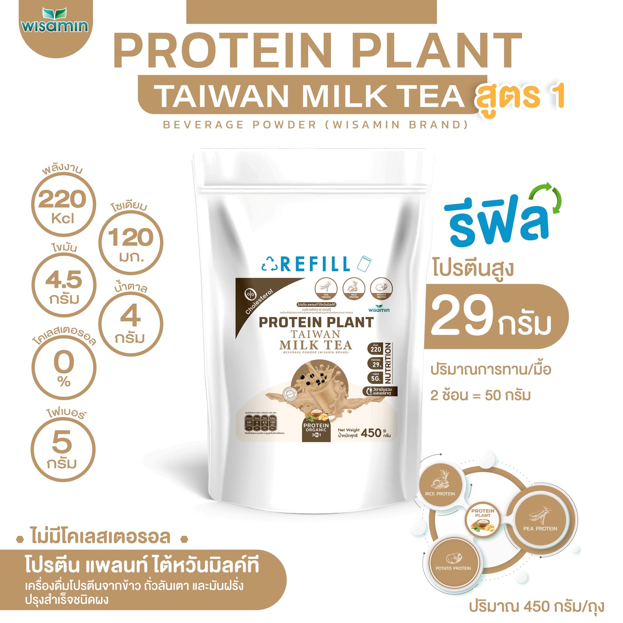 WISAMIN Protein Plant โปรตีนพืช สูตร 1 (ตราวิษามิน) ชนิดถุงรีฟิล 450 กรัม