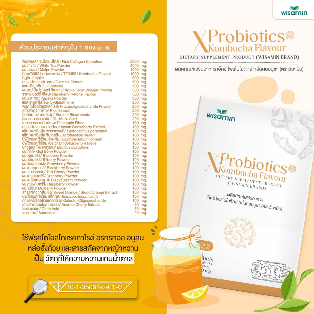 (ซื้อ 1 แถม 1) WISAMIN X Probiotics เอ็กซ์ โพรไบโอติกส์ 4 รสชาติ (ตราวิษามิน) รวม 10 ซอง