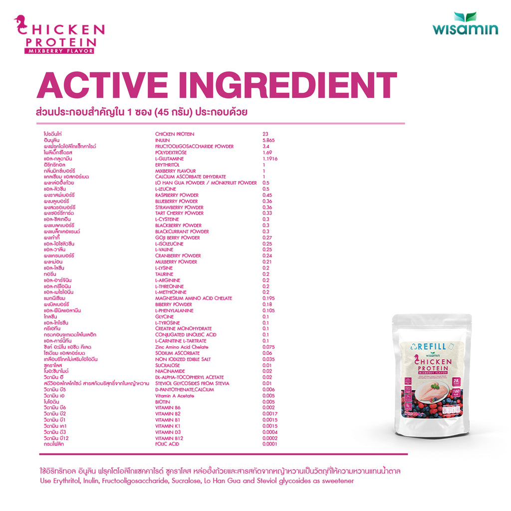 (รีฟิล) WISAMIN Chicken Protein โปรตีนไก่ไฮโดรไลซ์ 4 รสชาติ (ตราวิษามิน) 900 กรัม