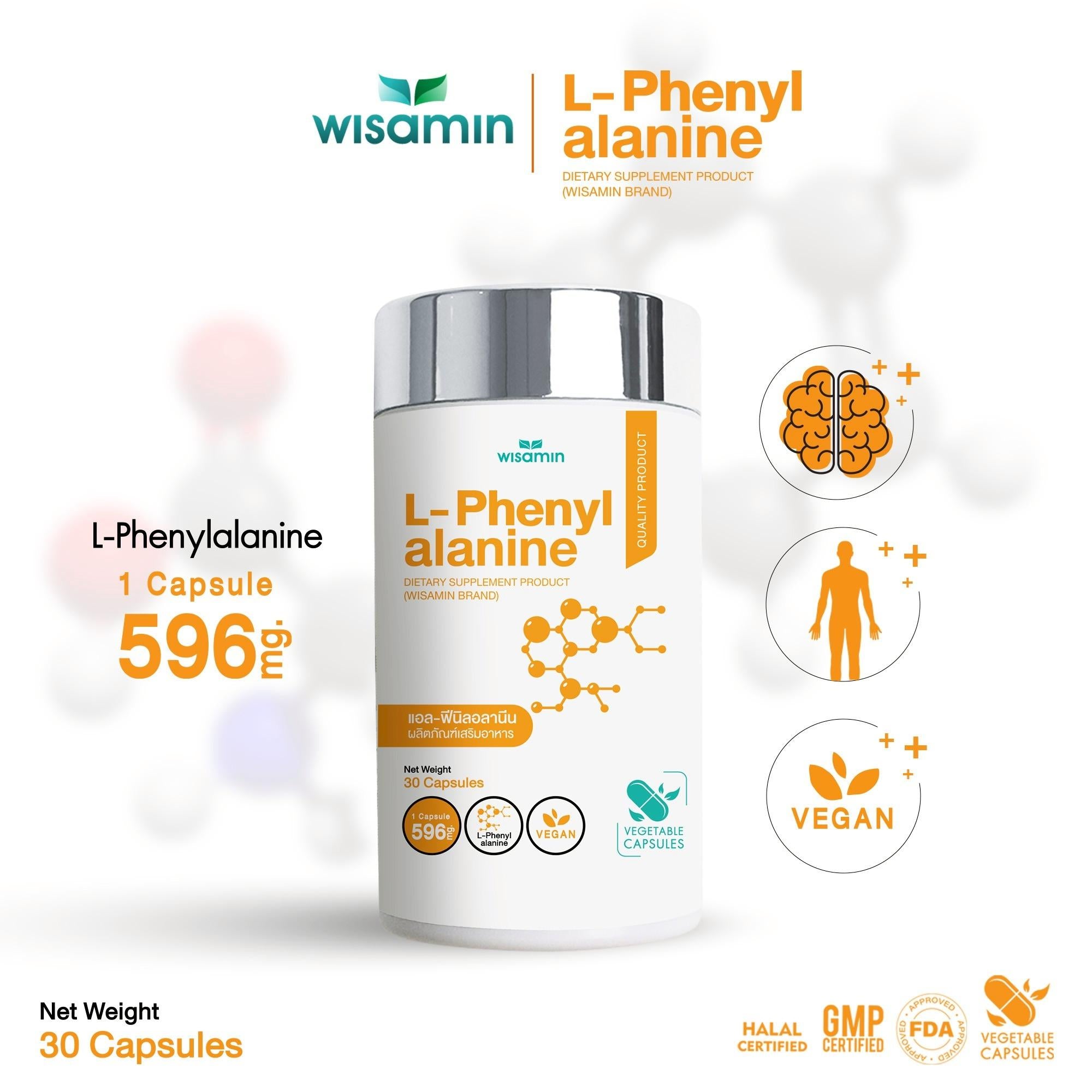 WISAMIN L-Phenylalanine แอล-ฟีนิลอลานีน 500 mg (ตราวิษามิน) 30 แคปซูล