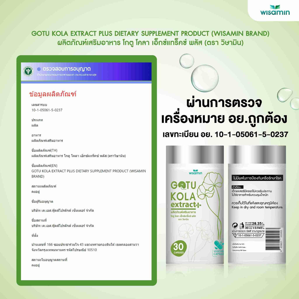 WISAMIN Gotu Kola Extract Plus สารสกัดจากใบบัวบก (ตราวิษามิน) 30 แคปซูล