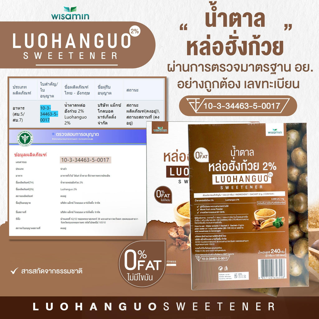 WISAMIN Luohanguo 2% น้ำตาลหล่อฮังก้วย ออร์แกนิค (ตราวิษามิน) 120 ซอง