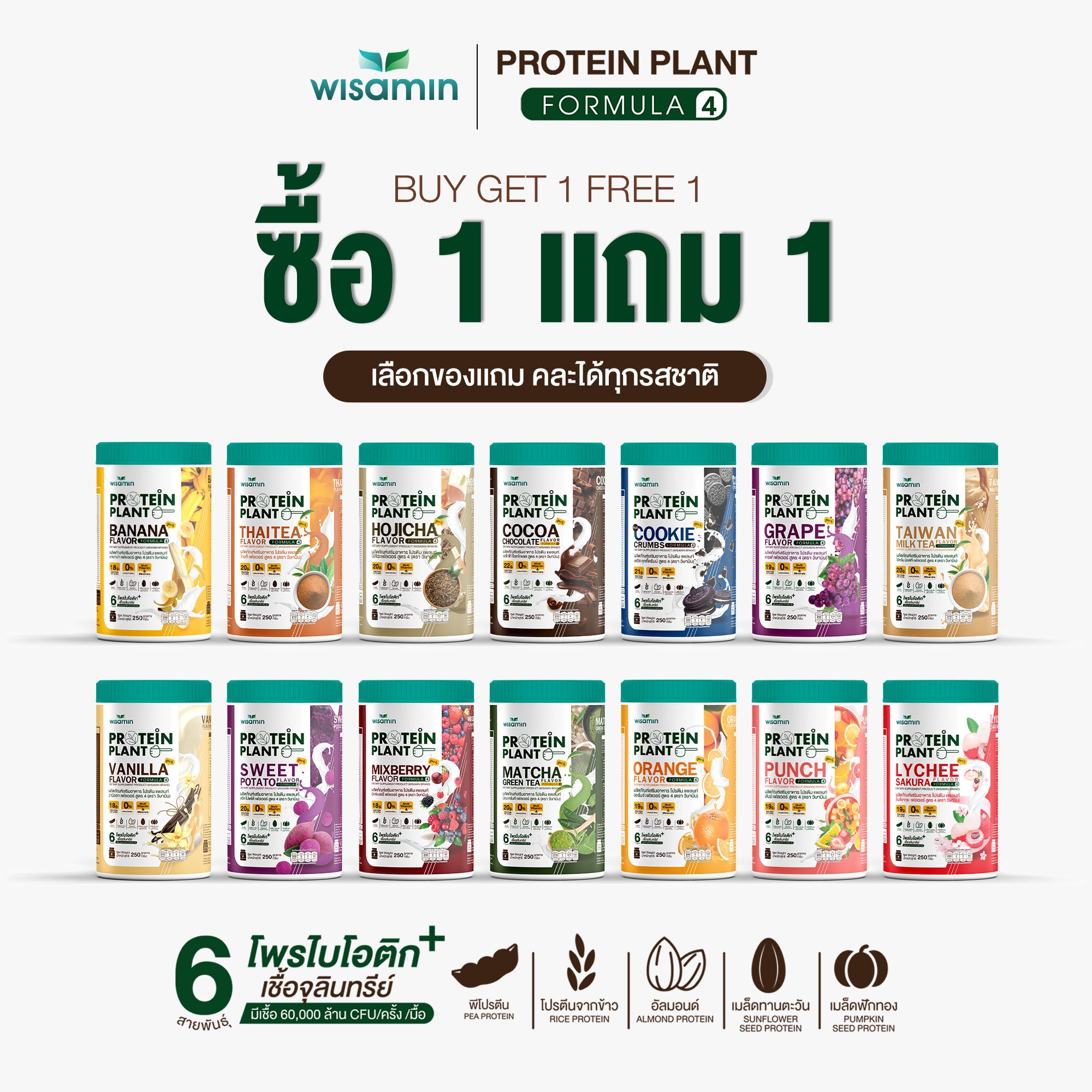 ซื้อ 1 แถม 1 WISAMIN Protein Plant โปรตีนพืช สูตร 4 (ตราวิษามิน) 2 กระปุก รวม 500 กรัม