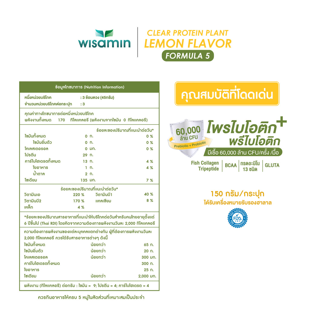 ซื้อ 1 แถม 1 WISAMIN Clear Protein Plant โปรตีนใส สูตร 5 (ตราวิษามิน) 2 กระปุก รวม 300 กรัม