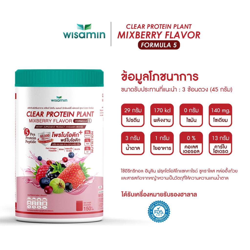 ซื้อ 1 แถม 1 WISAMIN Clear Protein Plant โปรตีนใส สูตร 5 (ตราวิษามิน) 2 กระปุก รวม 300 กรัม
