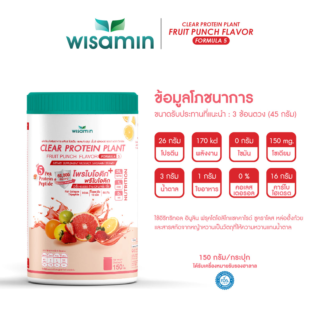 ซื้อ 1 แถม 1 WISAMIN Clear Protein Plant โปรตีนใส สูตร 5 (ตราวิษามิน) 2 กระปุก รวม 300 กรัม