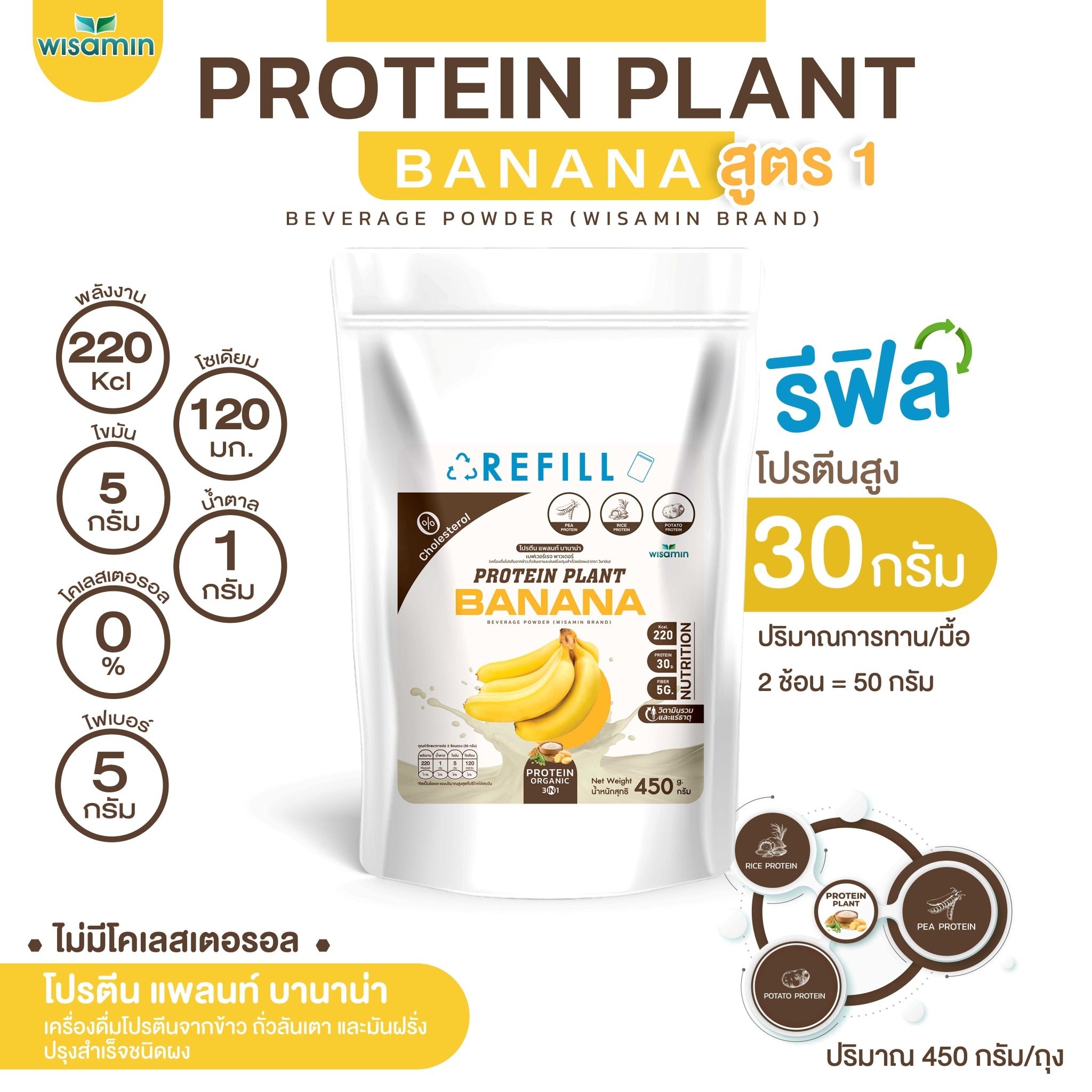 WISAMIN Protein Plant โปรตีนพืช สูตร 1 (ตราวิษามิน) ชนิดถุงรีฟิล 450 กรัม