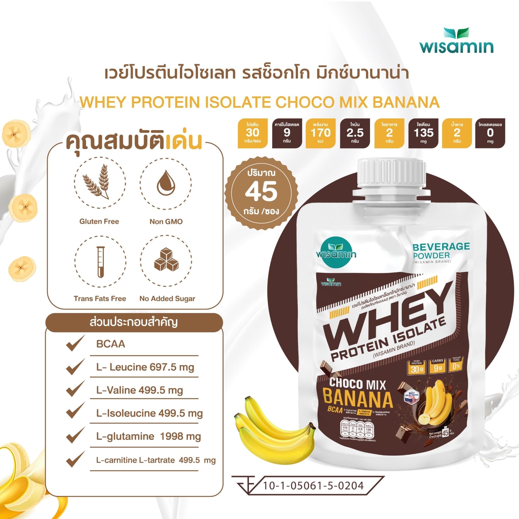 WISAMIN Whey Protein Isolate เวย์โปรตีน ไอโซเลท ชนิดซอง 11 รสชาติ (ตราวิษามิน) 45 กรัม
