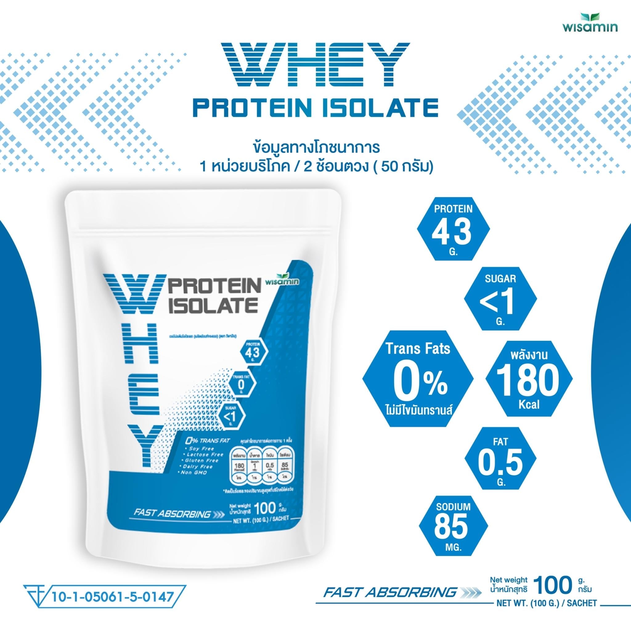 WISAMIN Whey Protein Isolate Pure เวย์โปรตีน ไอโซเลท เพียว 100% (ตราวิษามิน) 100 กรัม