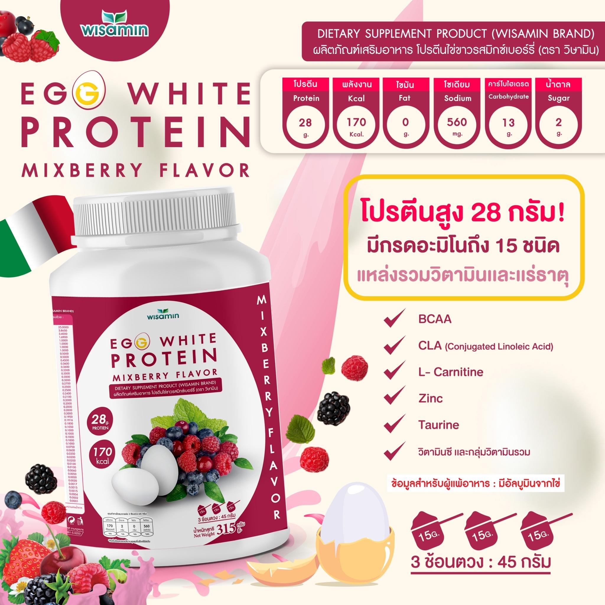 (แพคคู่ 2 กระปุก) WISAMIN Egg White Protein ผงโปรตีนไข่ขาว รสมิกซ์เบอร์รี่ (ตราวิษามิน) รวม 630 กรัม