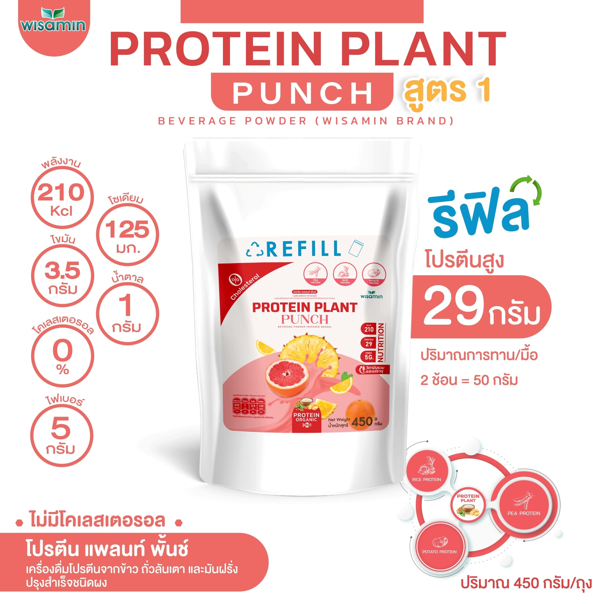 WISAMIN Protein Plant โปรตีนพืช สูตร 1 (ตราวิษามิน) ชนิดถุงรีฟิล 450 กรัม
