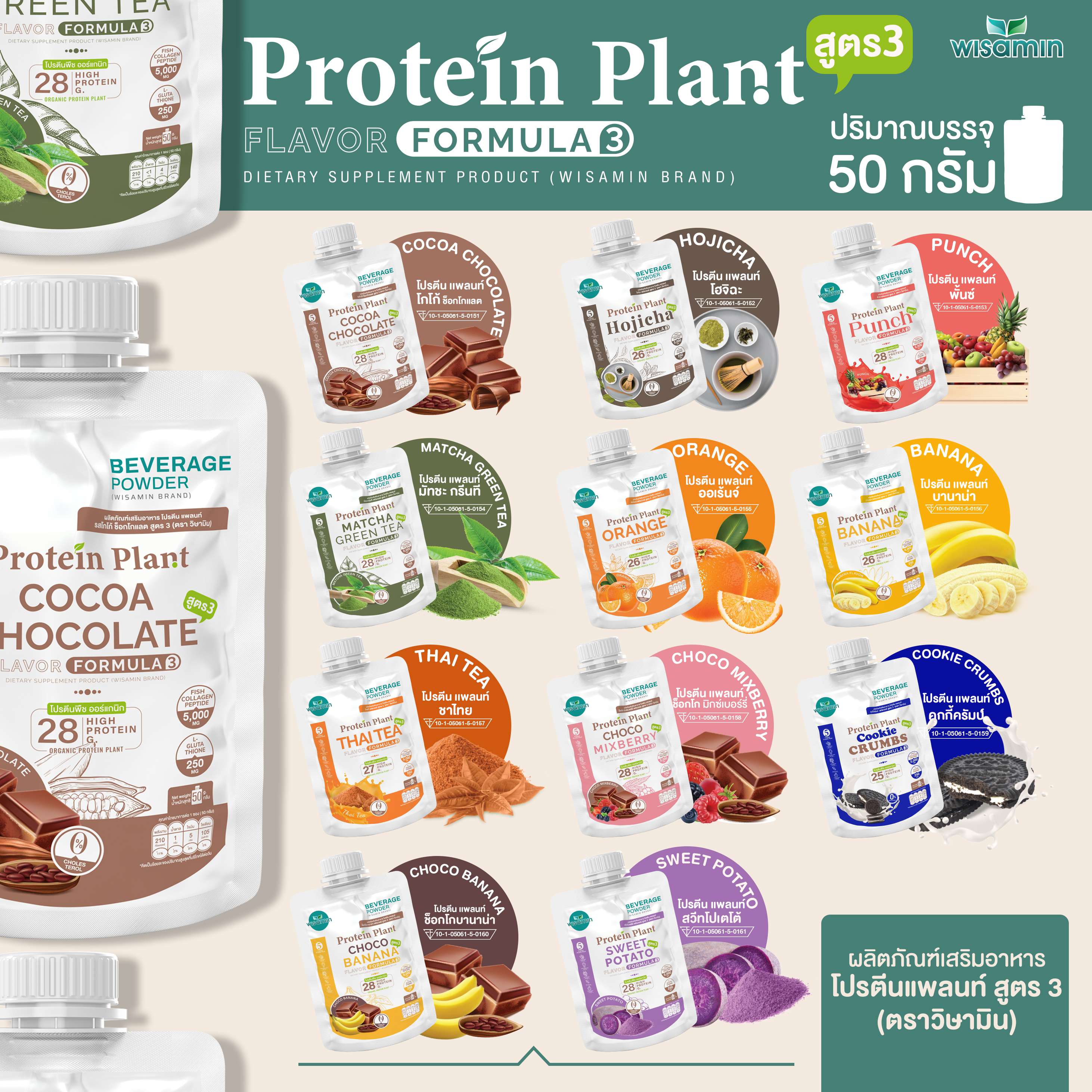 WISAMIN Protein Plant โปรตีนพืช สูตร 3 (ตราวิษามิน) ชนิดซอง 50 กรัม