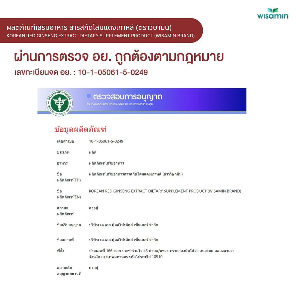 WISAMIN Korean Red Ginseng สารสกัดโสมแดงเกาหลี 500 mg (ตราวิษามิน) 30 แคปซูล