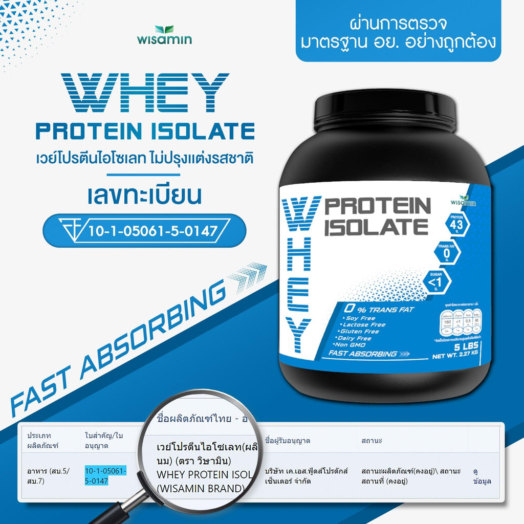 WISAMIN Whey Protein Isolate Pure เวย์โปรตีน ไอโซเลท เพียว 100% (ตราวิษามิน) ปริมาณ 2.27 kg