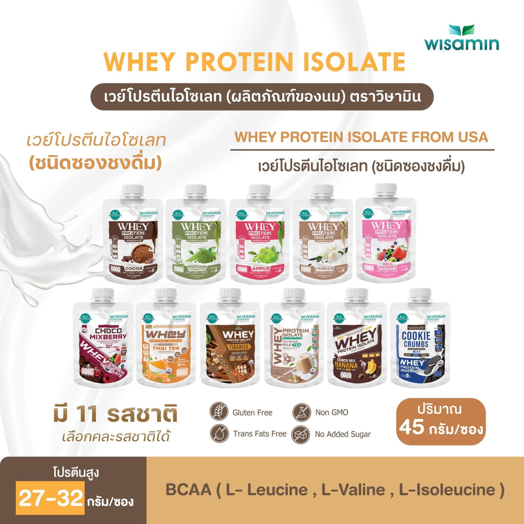 WISAMIN Whey Protein Isolate เวย์โปรตีน ไอโซเลท ชนิดซอง 11 รสชาติ (ตราวิษามิน) 45 กรัม