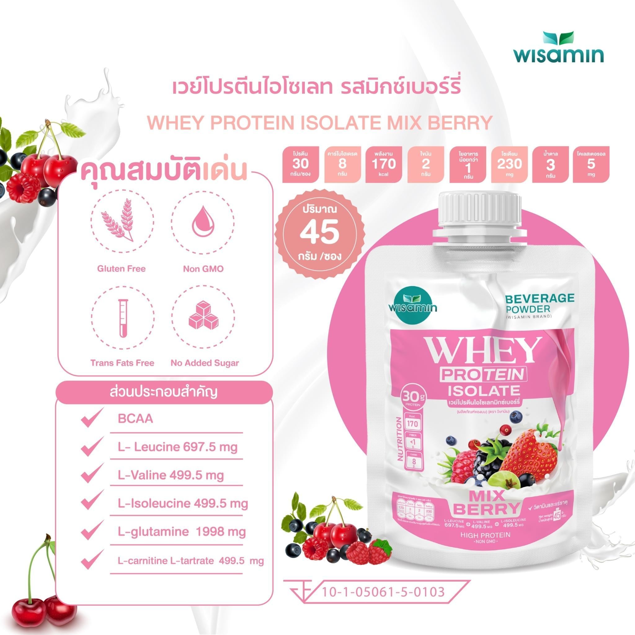WISAMIN Whey Protein Isolate เวย์โปรตีน ไอโซเลท ชนิดซอง 11 รสชาติ (ตราวิษามิน) 45 กรัม