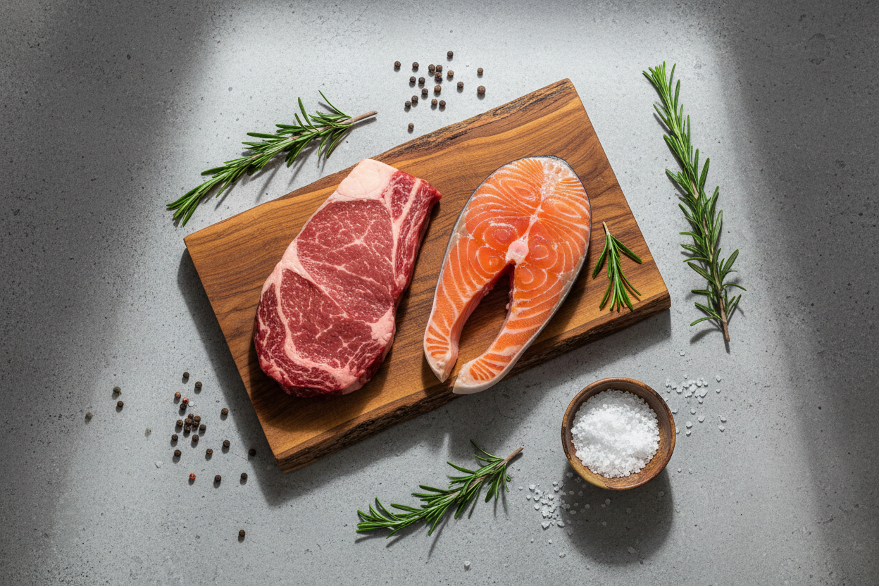 Editorial food flat lay with raw beef steak, salmon, rosemary, peppercorns and sea salt