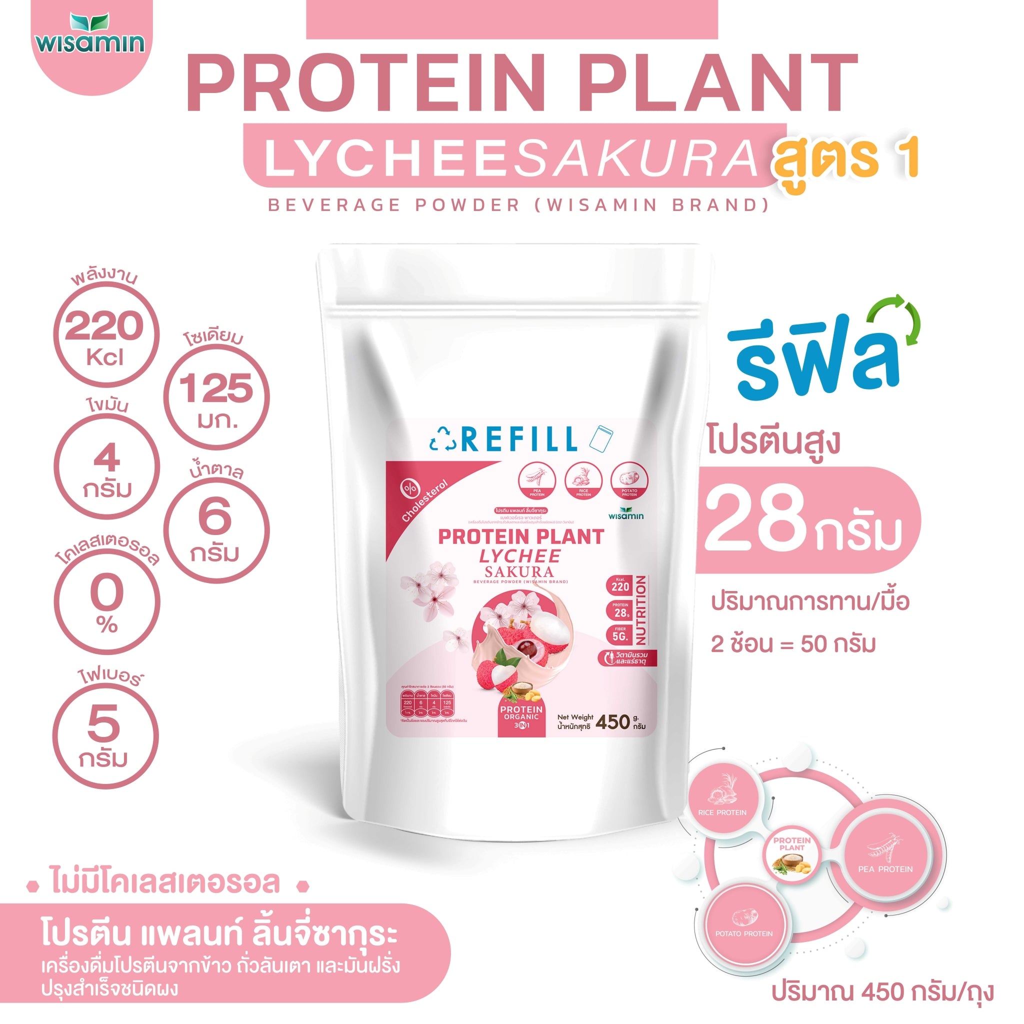 WISAMIN Protein Plant โปรตีนพืช สูตร 1 (ตราวิษามิน) ชนิดถุงรีฟิล 450 กรัม