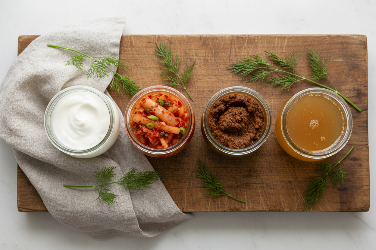 Fermented food flat lay with yogurt, kimchi, miso, a golden drink, linen and dill