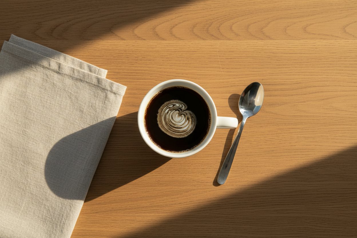 Flat lay of black coffee with a creamy swirl